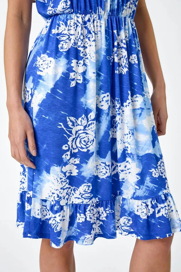 Blue Petite Abstract Floral Stretch Frill Dress Women Roman Dresses