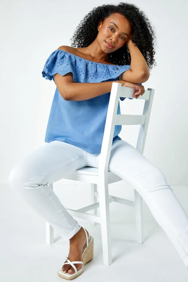 Blue Petite Embroidered Cotton Bardot Top Women Roman Tops