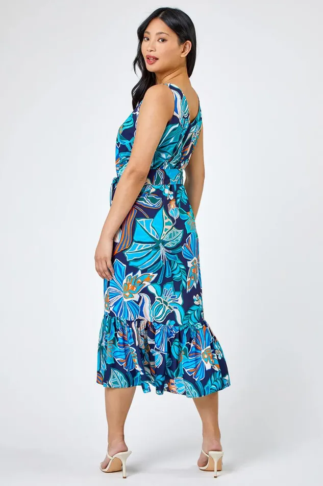 Blue Petite Floral Print Tiered Dress Women Roman Dresses