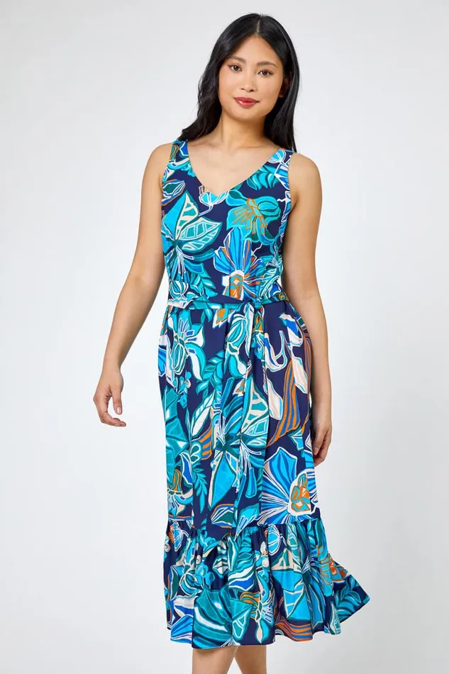 Blue Petite Floral Print Tiered Dress Women Roman Dresses