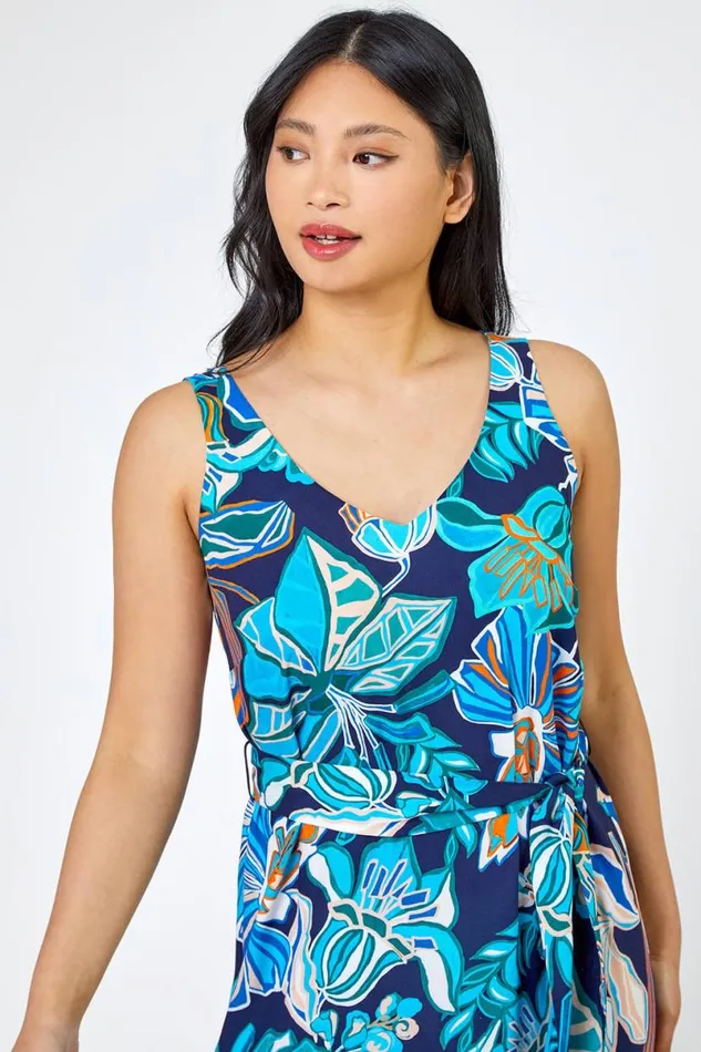 Blue Petite Floral Print Tiered Dress Women Roman Dresses