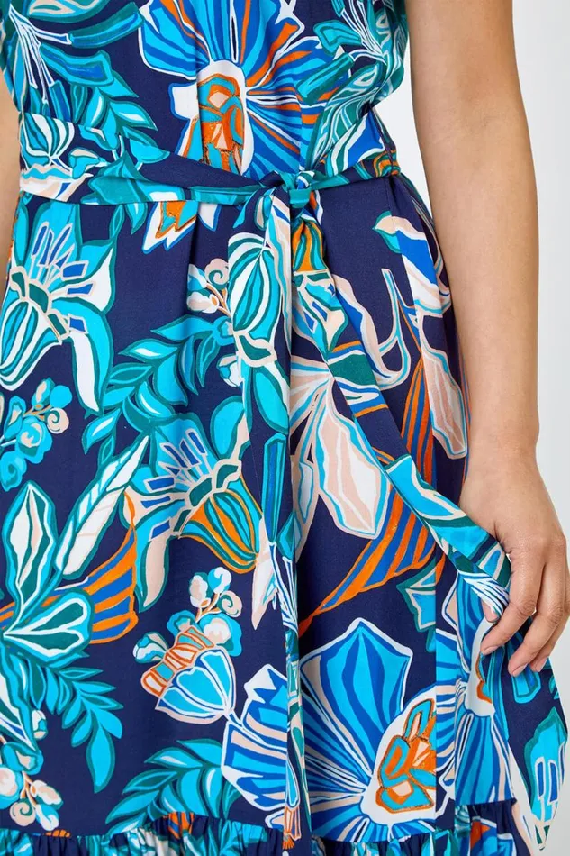 Blue Petite Floral Print Tiered Dress Women Roman Dresses