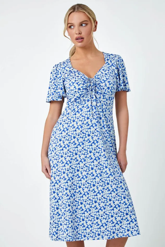 Blue Petite Floral Stretch Gathered Midi Dress Women Roman Dresses