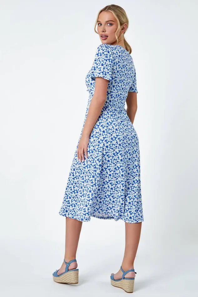 Blue Petite Floral Stretch Gathered Midi Dress Women Roman Dresses