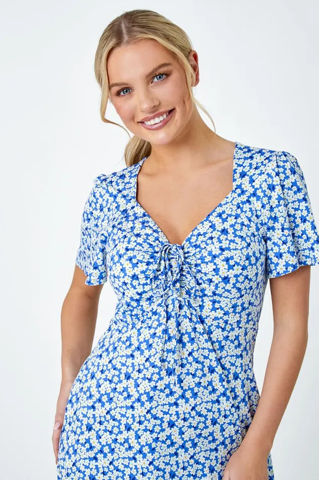 Blue Petite Floral Stretch Gathered Midi Dress Women Roman Dresses