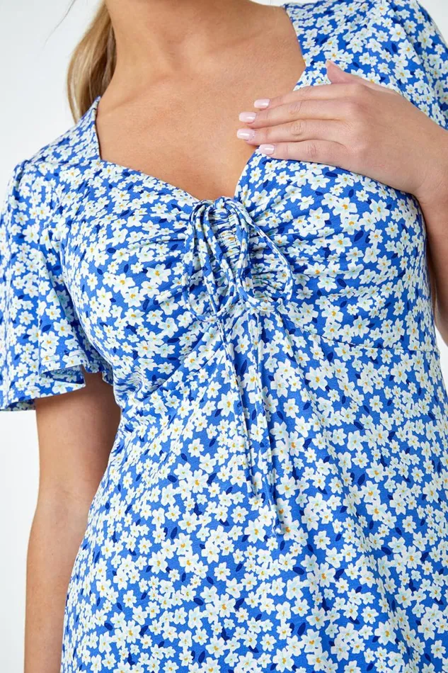 Blue Petite Floral Stretch Gathered Midi Dress Women Roman Dresses