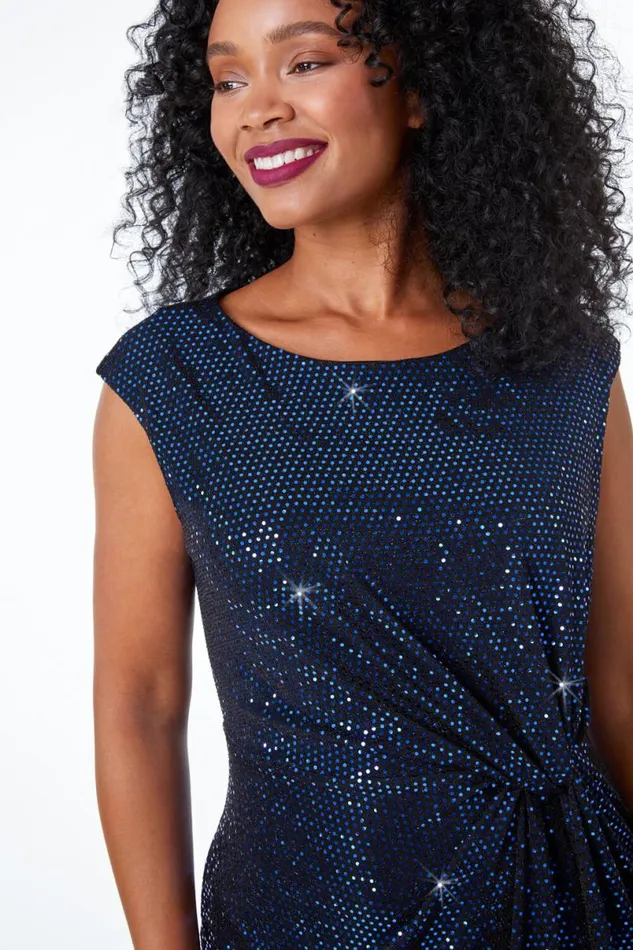 Blue Petite Ruched Glitter Midi Dress Women Roman Dresses