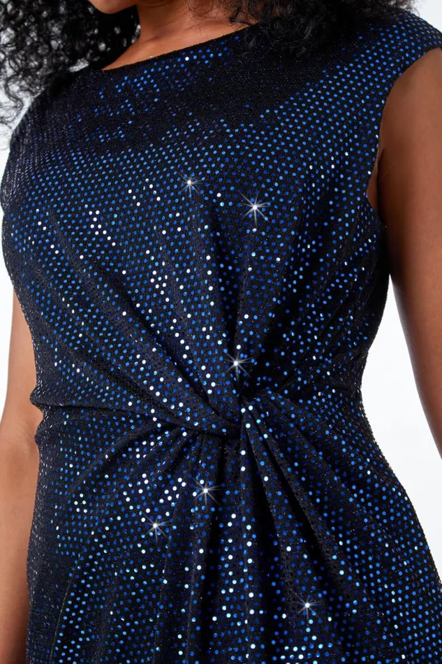 Blue Petite Ruched Glitter Midi Dress Women Roman Dresses