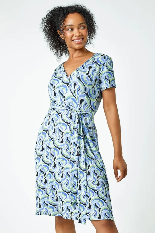 Blue Petite Swirl Print Jersey Wrap Dress Women Roman Dresses