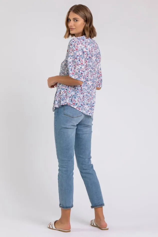 Blue Shirred Floral Print Crinkle Top Women Roman Tops
