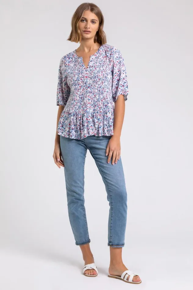 Blue Shirred Floral Print Crinkle Top Women Roman Tops