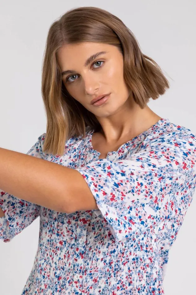 Blue Shirred Floral Print Crinkle Top Women Roman Tops