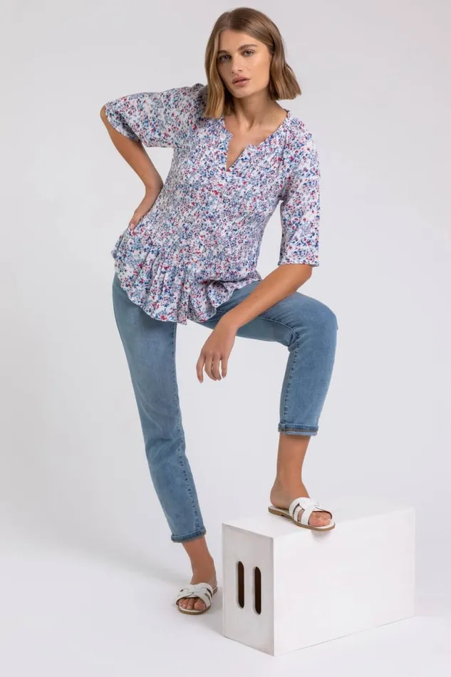 Blue Shirred Floral Print Crinkle Top Women Roman Tops