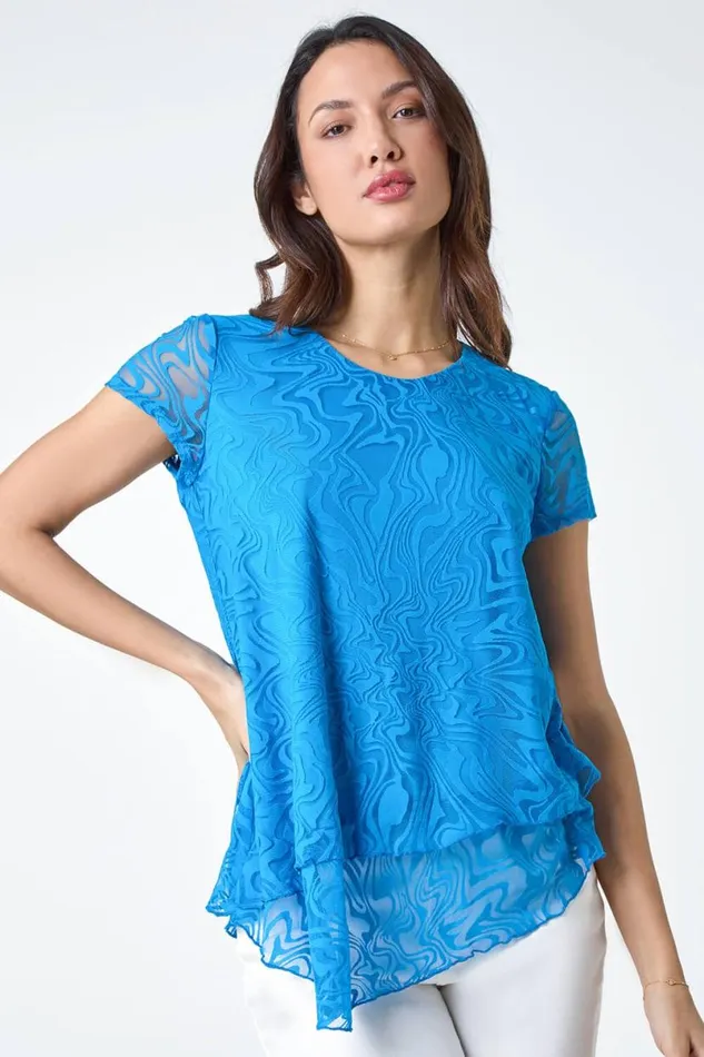 Blue Textured Swirl Print Overlay Top Women Roman Tops