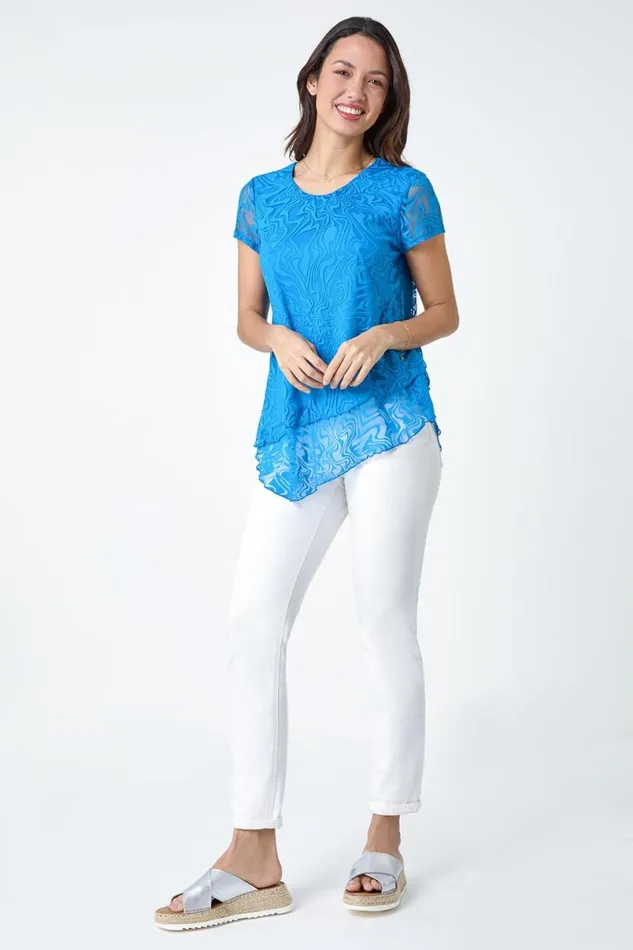 Blue Textured Swirl Print Overlay Top Women Roman Tops