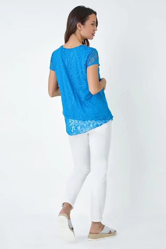 Blue Textured Swirl Print Overlay Top Women Roman Tops