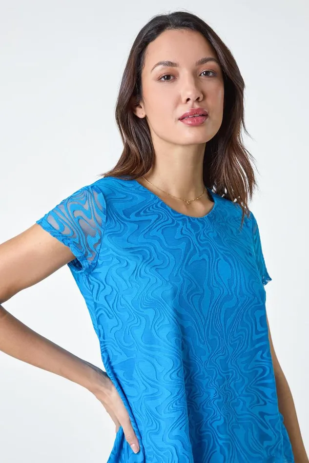 Blue Textured Swirl Print Overlay Top Women Roman Tops