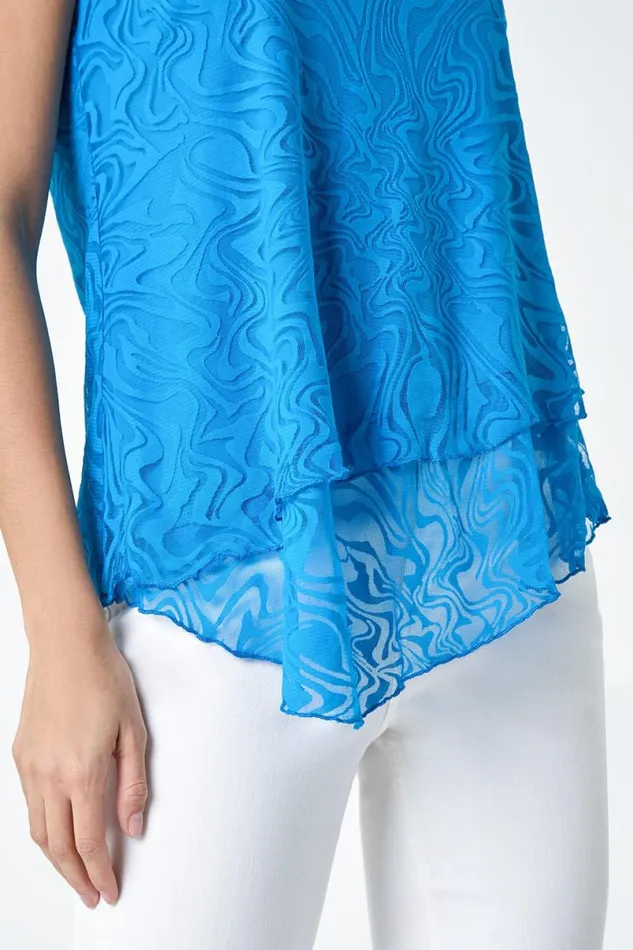 Blue Textured Swirl Print Overlay Top Women Roman Tops
