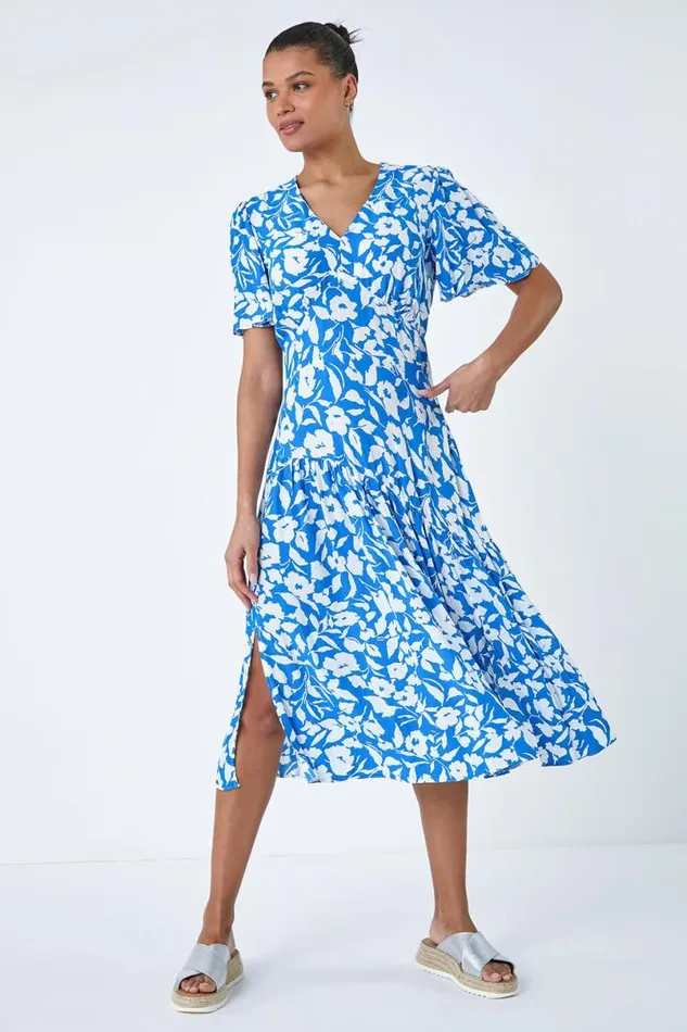 Blue Tiered Contrast Floral Print Dress Women Roman Dresses