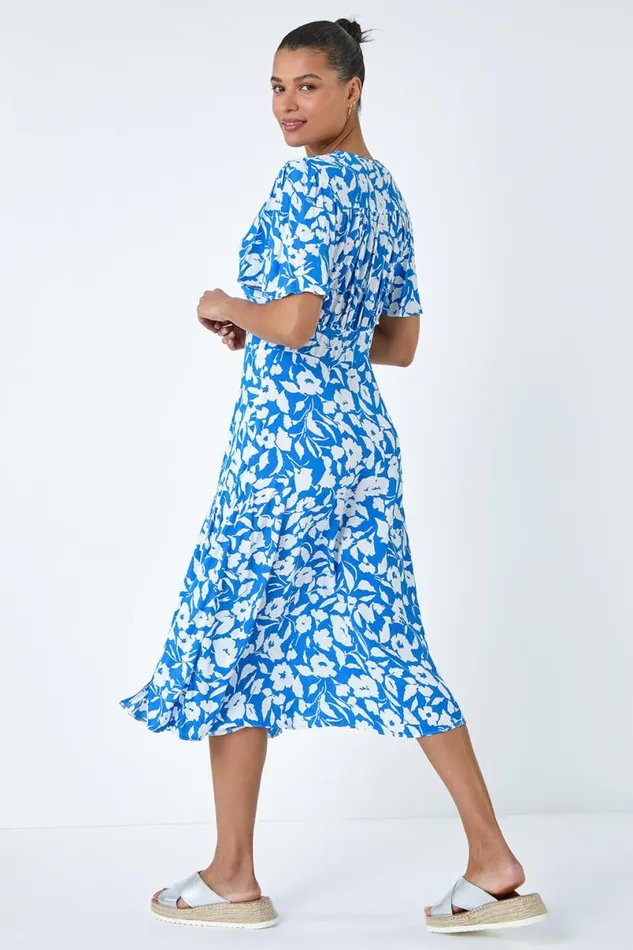 Blue Tiered Contrast Floral Print Dress Women Roman Dresses