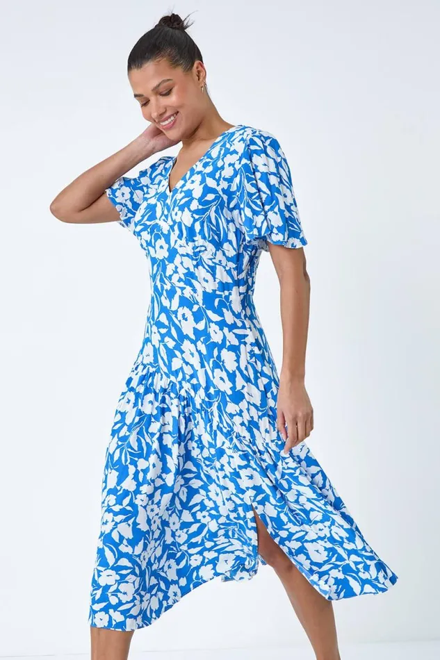 Blue Tiered Contrast Floral Print Dress Women Roman Dresses