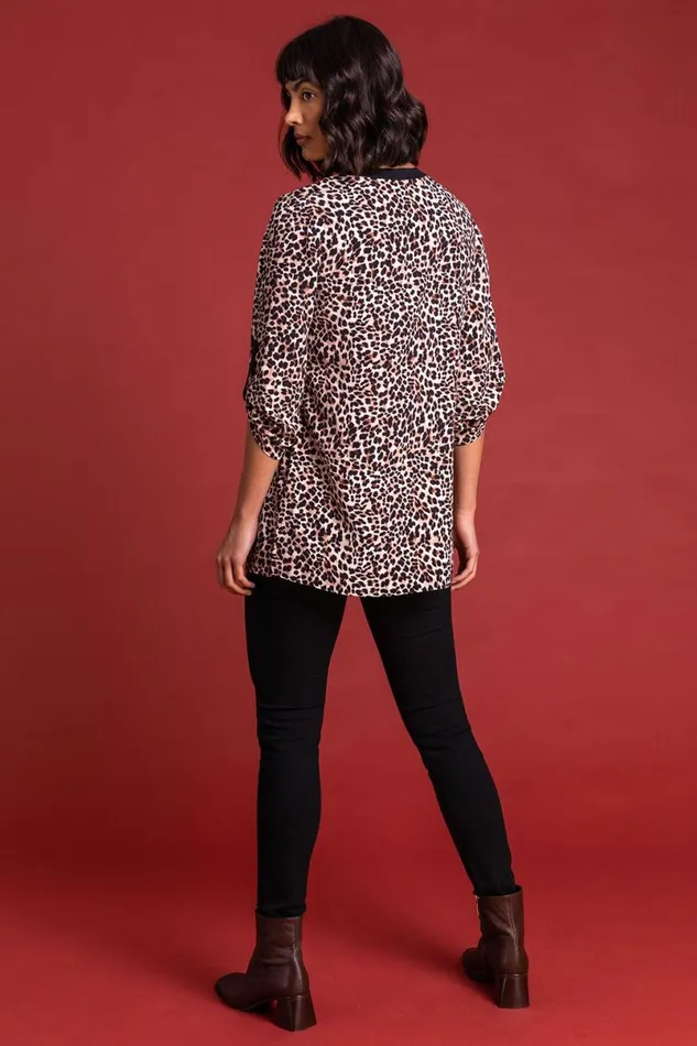 Brown Animal Printed Zip Detail Top Women Roman Tops