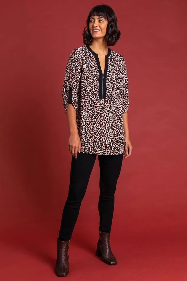 Brown Animal Printed Zip Detail Top Women Roman Tops