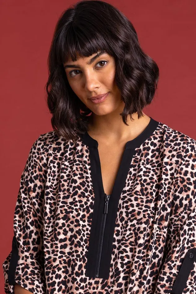 Brown Animal Printed Zip Detail Top Women Roman Tops