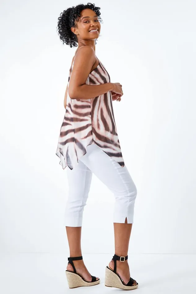 Brown Petite Animal Print Hanky Hem Top Women Roman Tops