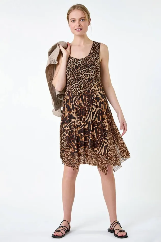 Camel Animal Print Stretch Mesh Dress Women Roman Dresses