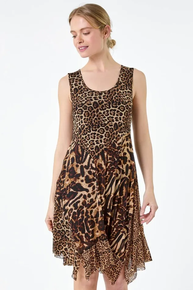 Camel Animal Print Stretch Mesh Dress Women Roman Dresses