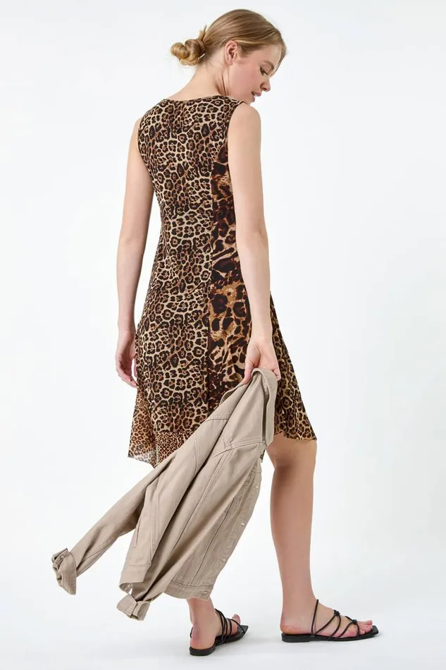 Camel Animal Print Stretch Mesh Dress Women Roman Dresses