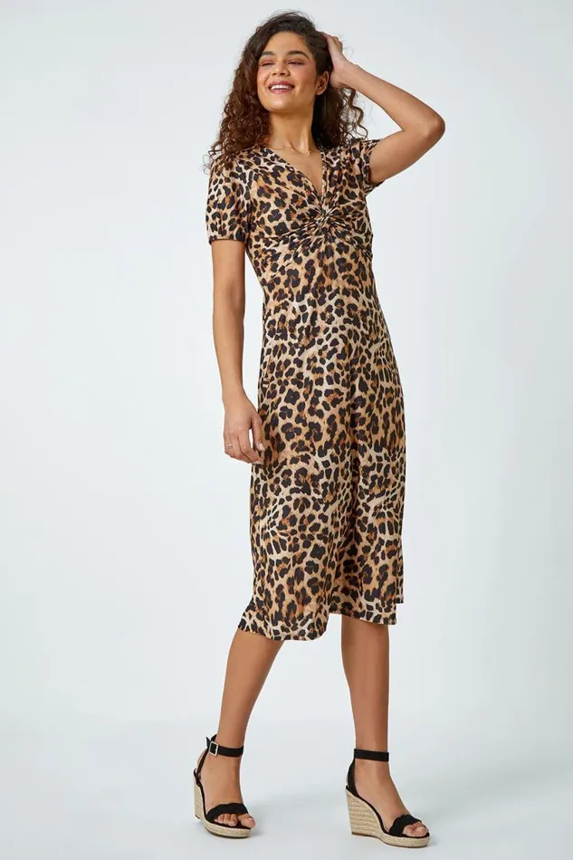Camel Leopard Print Twist Front Stretch Midi Dress Women Roman Dresses