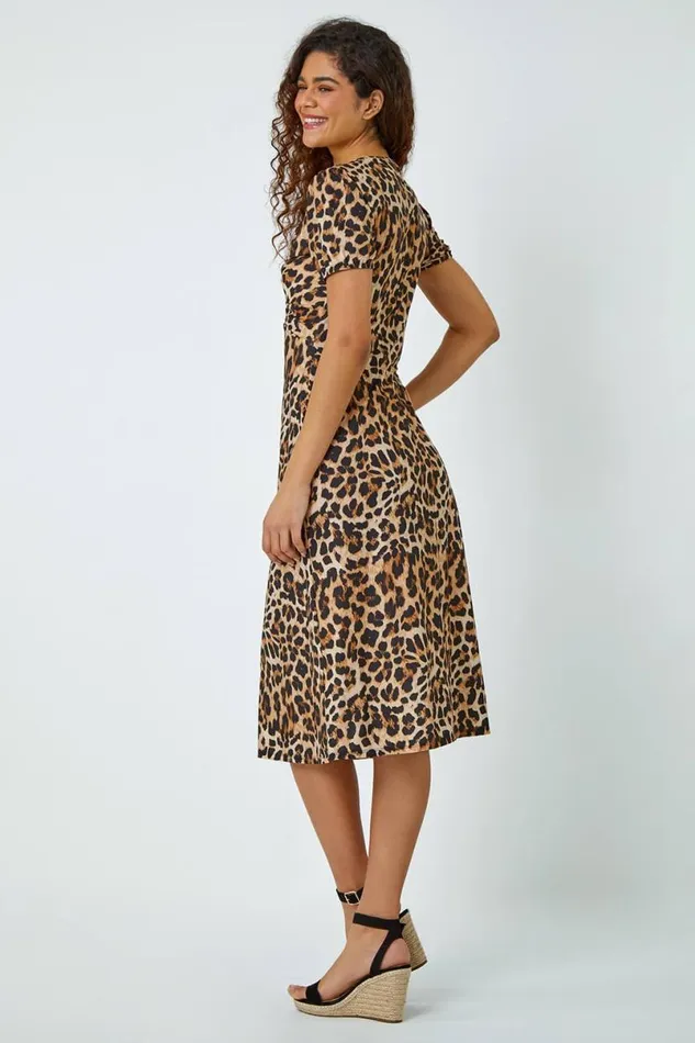 Camel Leopard Print Twist Front Stretch Midi Dress Women Roman Dresses