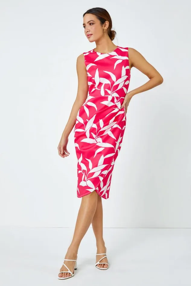 Cerise Leaf Print Ruched Shift Dress Women Roman Dresses
