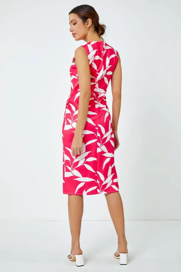 Cerise Leaf Print Ruched Shift Dress Women Roman Dresses