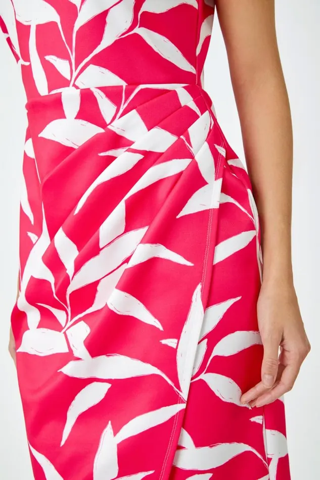 Cerise Leaf Print Ruched Shift Dress Women Roman Dresses
