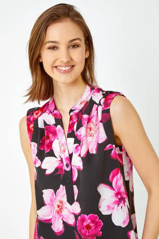 Cerise Sleeveless Floral Print VNeck Tunic Top Women Roman Tops