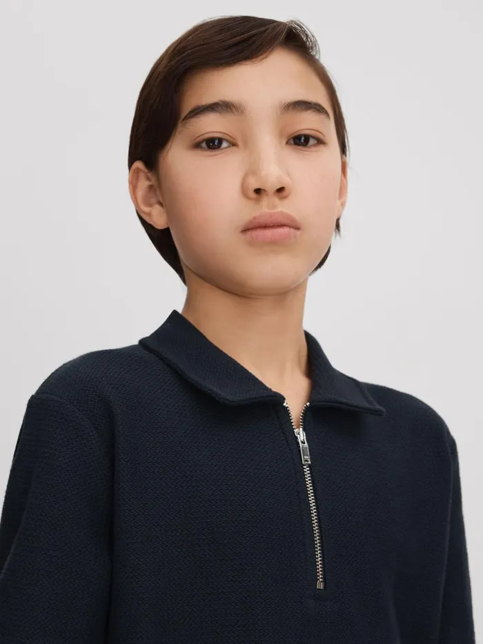 Children Reiss CoOrds Felix Textured Cotton HalfZip Polo Shirt Navy