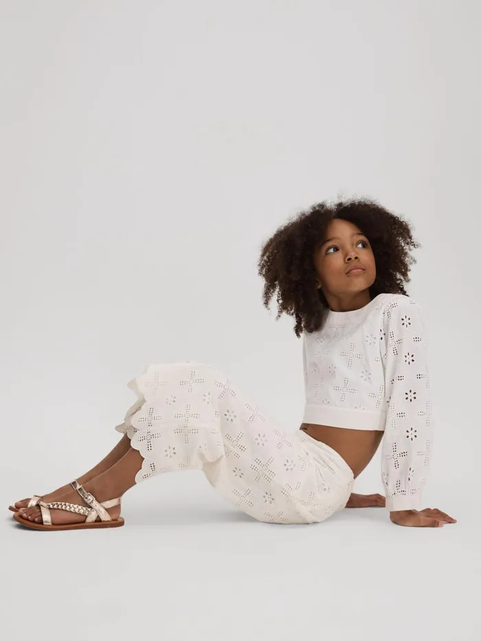 Children Reiss CoOrds Nella Cotton Broderie Lace Trousers Ivory