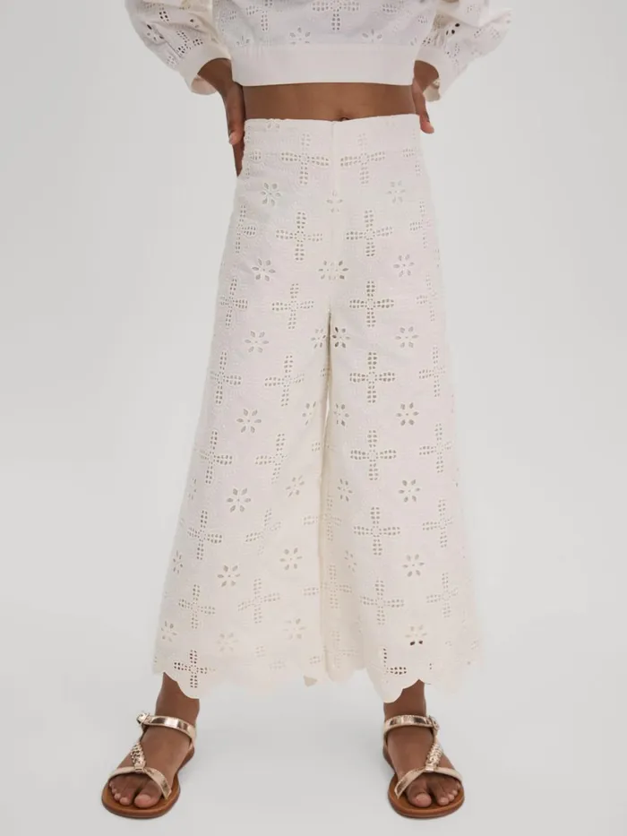 Children Reiss CoOrds Nella Cotton Broderie Lace Trousers Ivory