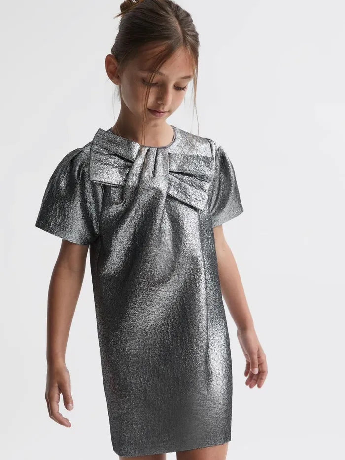 Children Reiss Dresses Franny Metallic Bow Dress Silver