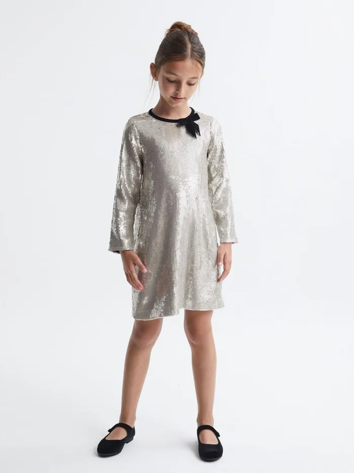 Children Reiss Dresses Leon Sequin Bow Dress Silver