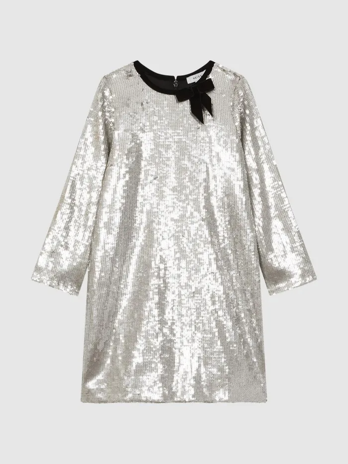 Children Reiss Dresses Leon Sequin Bow Dress Silver