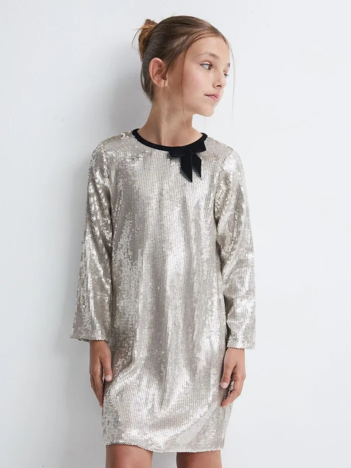 Children Reiss Dresses Leon Sequin Bow Dress Silver