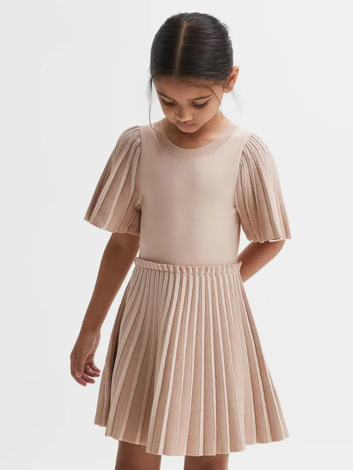 Children Reiss Dresses Rosalie Pleated Metallic Short Sleeve Dress Pink
