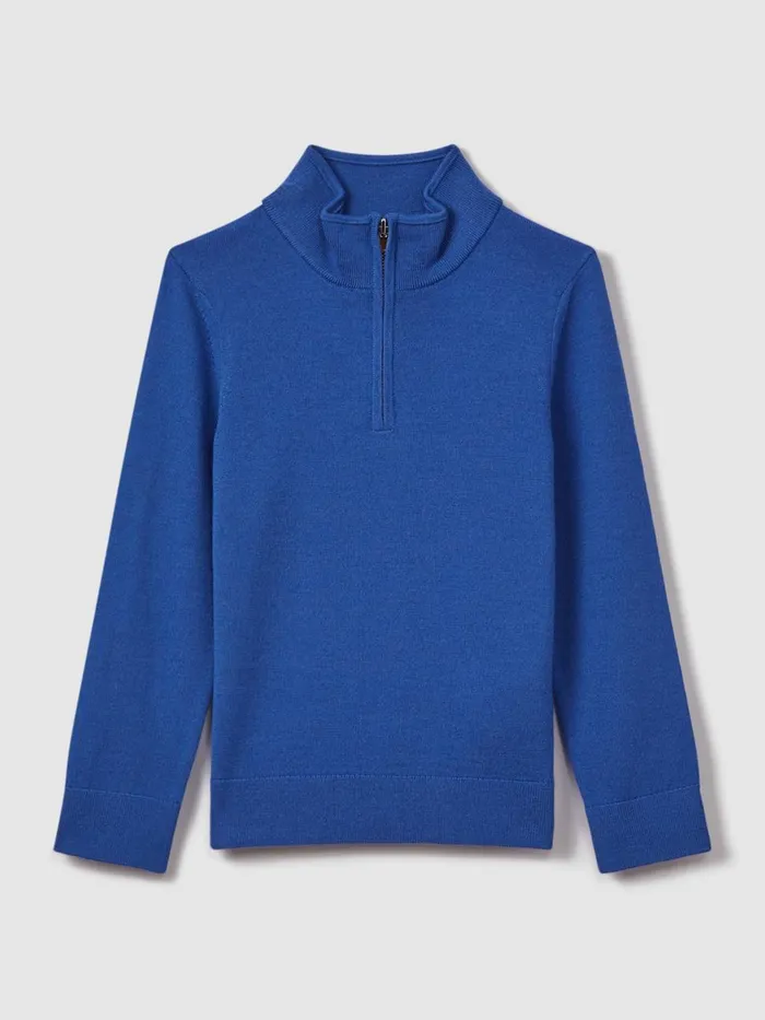 Children Reiss Knitwear Blackhall Wool HalfZip Funnel Neck Jumper Lapis Blue