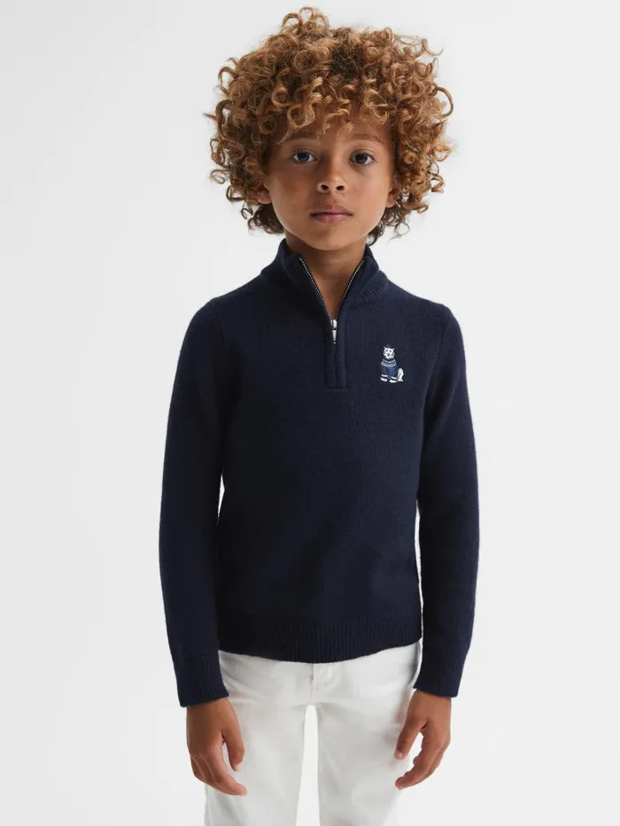 Children Reiss Knitwear Hubert Wool Motif HalfZip Funnel Neck Jumper Navy