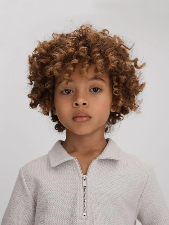Children Reiss Polo Shirts Felix Textured Cotton HalfZip Polo Shirt Silver