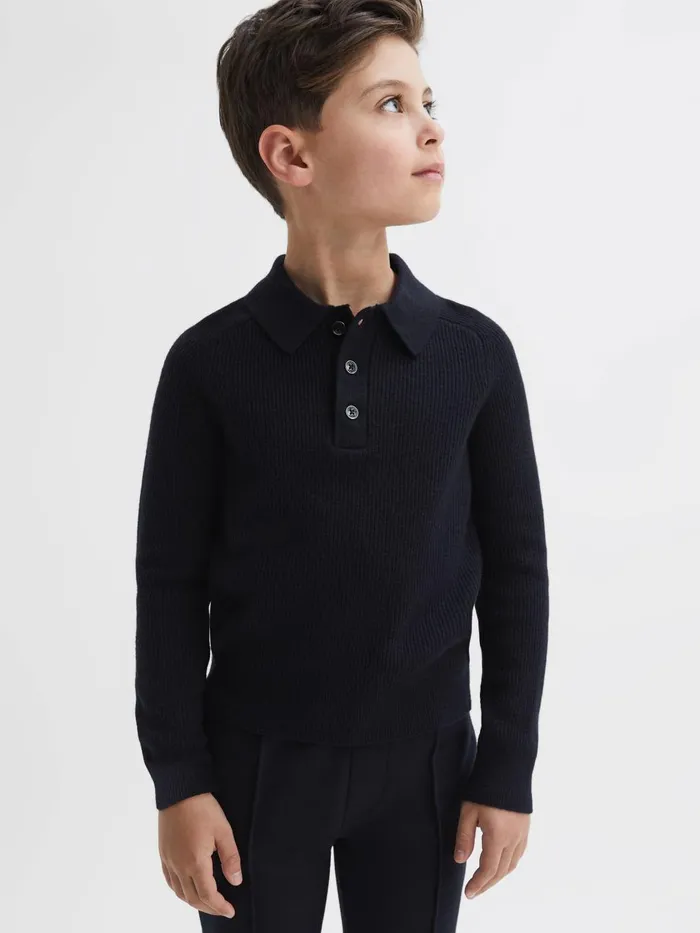 Children Reiss Polo Shirts Holms Merino Wool Polo Shirt Navy